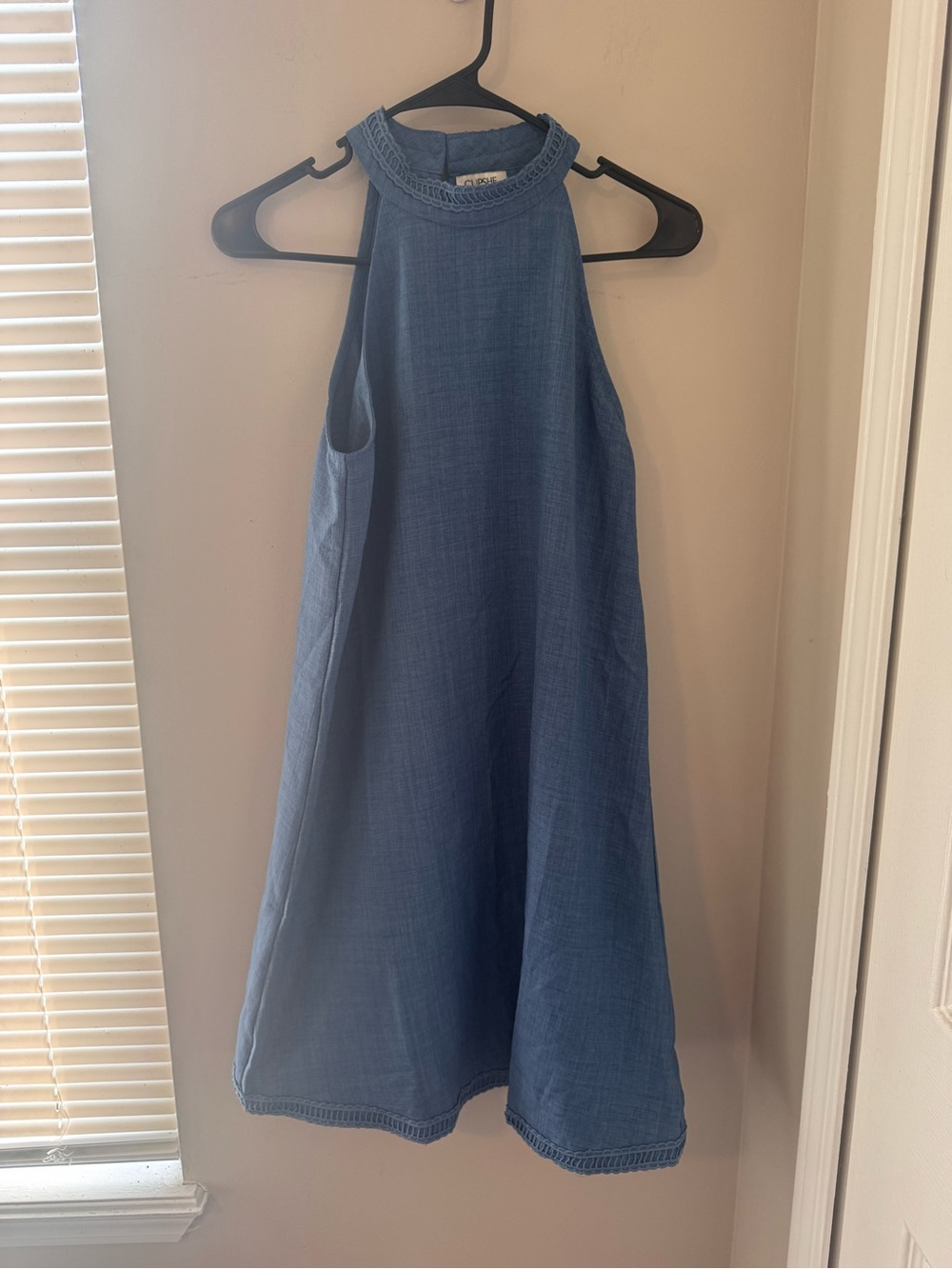 Cupshe Blue Chambray Halter Neck Crochet Trim A-Line Boho Mini Dress Size S
